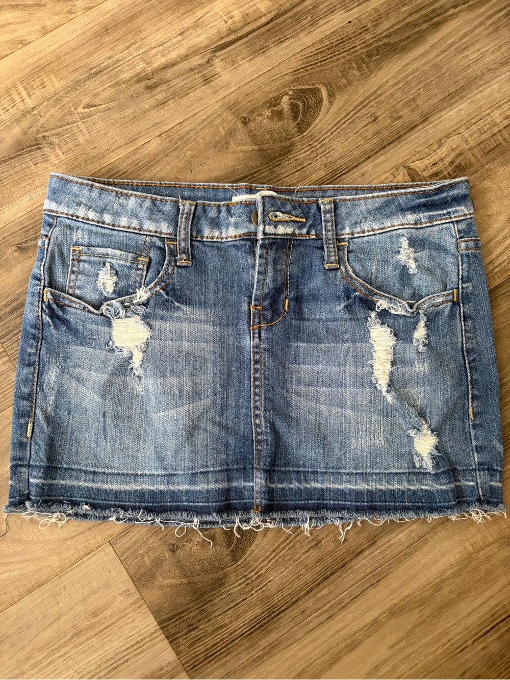 2.1 Denim Faded Blue Distressed Mini Skirt